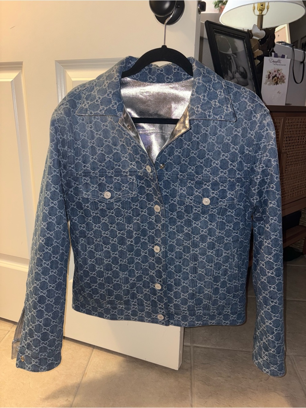 Gucci Reversible Blue Denim and silver metallic GG Jacket size 38